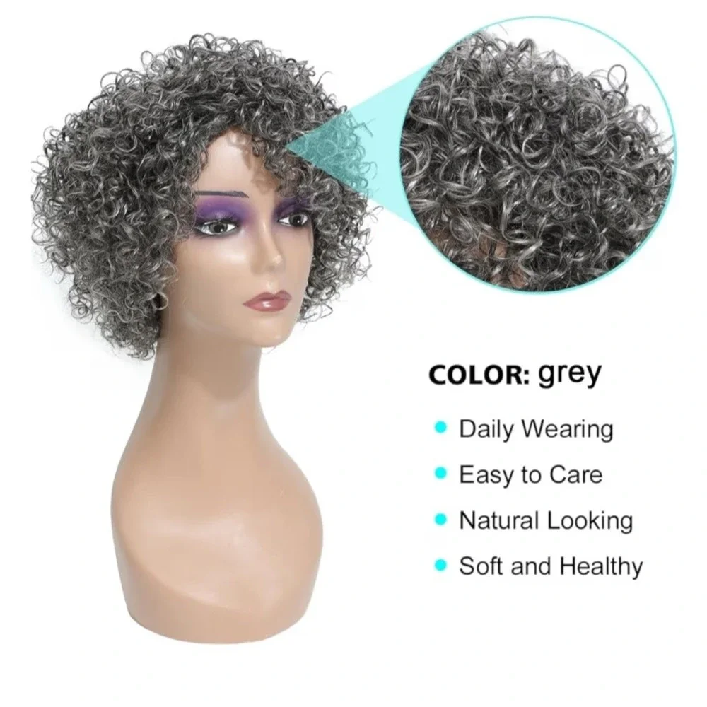My Style HUA Hebe Human Hair Wig Short Curly Glueless Grey Salt and Pepper NEW